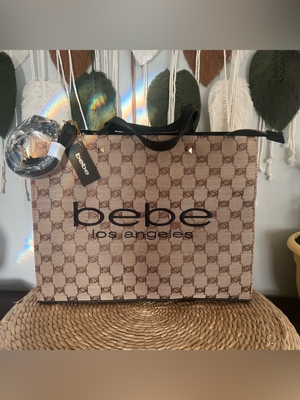 bebe Beige Monogram Tote with Black Logo